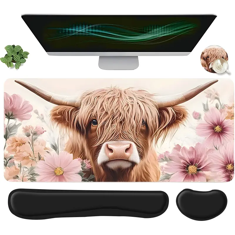 4pcs Highland Cow Floral Design Mouse Pad + Keyboard Wrist Rest + Ergonomic Mouse Pad + Coaster Set, Office Accessories Set with Ergonomic Wrist Support, Computer Mat for Desktop Decoration, Suitable for Home Office Gaming, Gaming Mousepad, Mouse Pad Cute