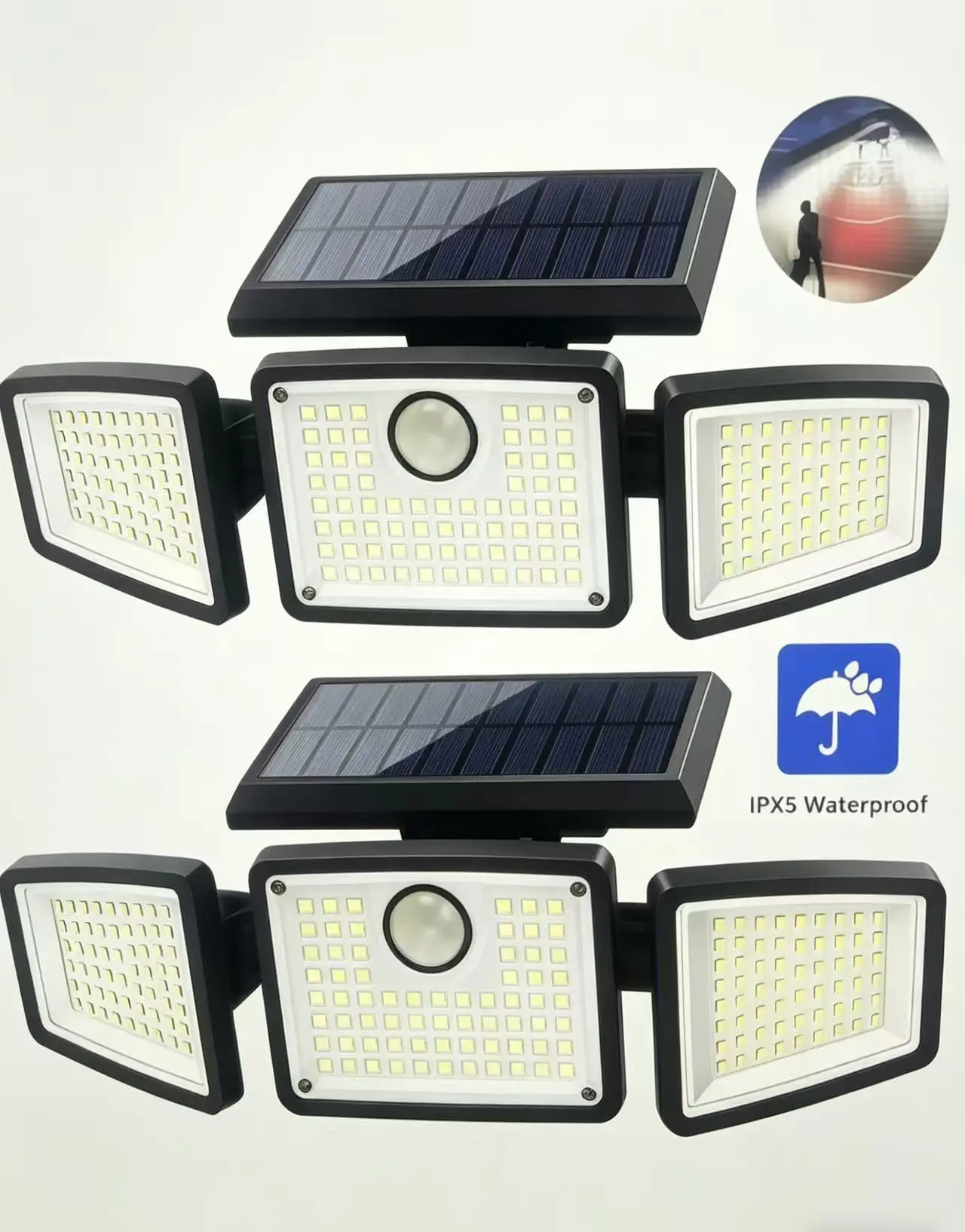 2-Pack Solar Outdoor Security Lights, 2500LM 210LED 3-Heads Dimmable Spotlights with 3 Modes, Remote Control, IP65 Waterproof, Wall Mount for Backyard, Garage, Fence