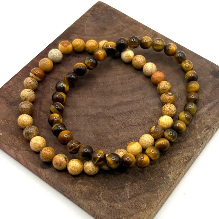 Natural Crystal Beaded Bracelet Set of 2- Mookaite Jasper & Picture Jasper (4N)
