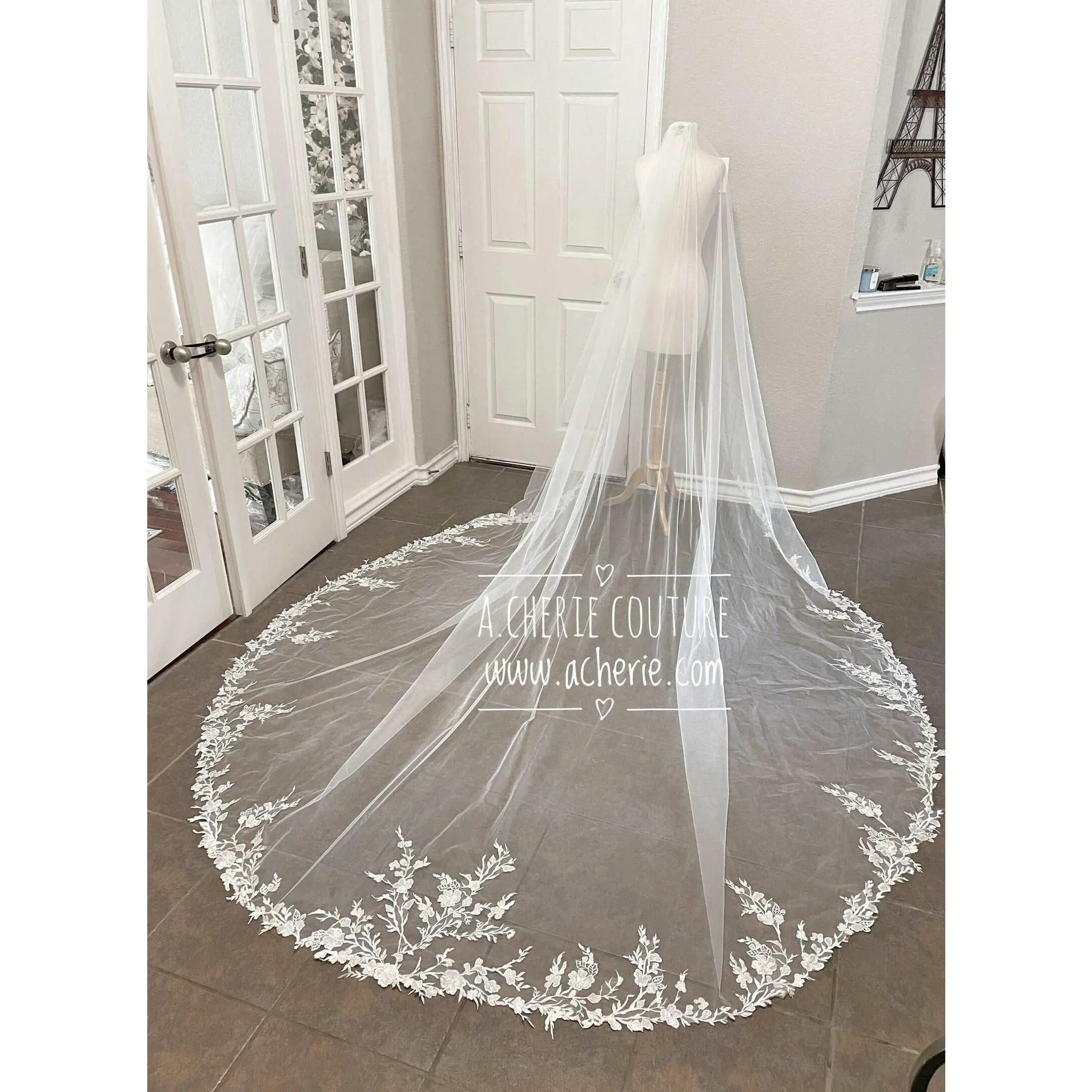 Cathedral Wedding Veil with Floral Branch Appliqué Lace, 120-in Custom Made Tulle for Brides with Comb, Long Length, Tulle Lace, Bridal Veil