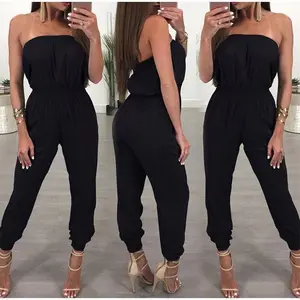 Sexy women’s off-shoulder solid-color long pants jumpsuit with an elastic waistband and strapless design, wild fashion bottoms