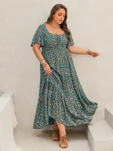 Boho Style Bohemian Long Dress for Women, French Square Neck, Adjustable Tie, Floral Printed A-Line Hem, Boho Ruffle Hem, Perfect for Festivals, Vacation, Casual