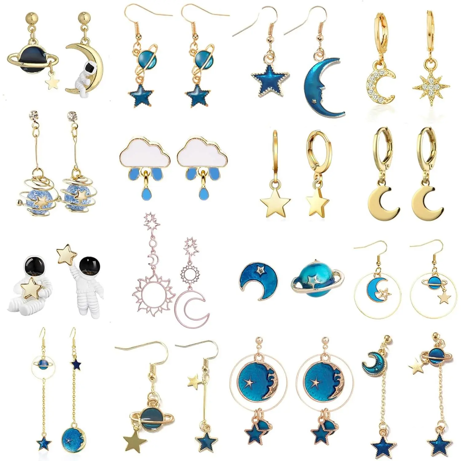 Women's 16-Pair Multicolored Handmade Alloy Earrings Set - Dangle Moon Theme, Asymmetrical Earth Planet Drop, Astronaut Spaceman Stud Styles, Lightweight, Durable, Comfortable Charms Pendants, Ideal for Daily Wear, Space Themes Earring for Women