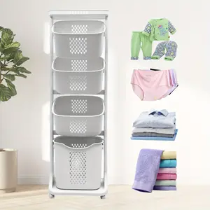 4 Tier Laundry Basket Rolling Cart Removable Storage Buckets Plastic Hamper with 4 Wheels White Organiser Room