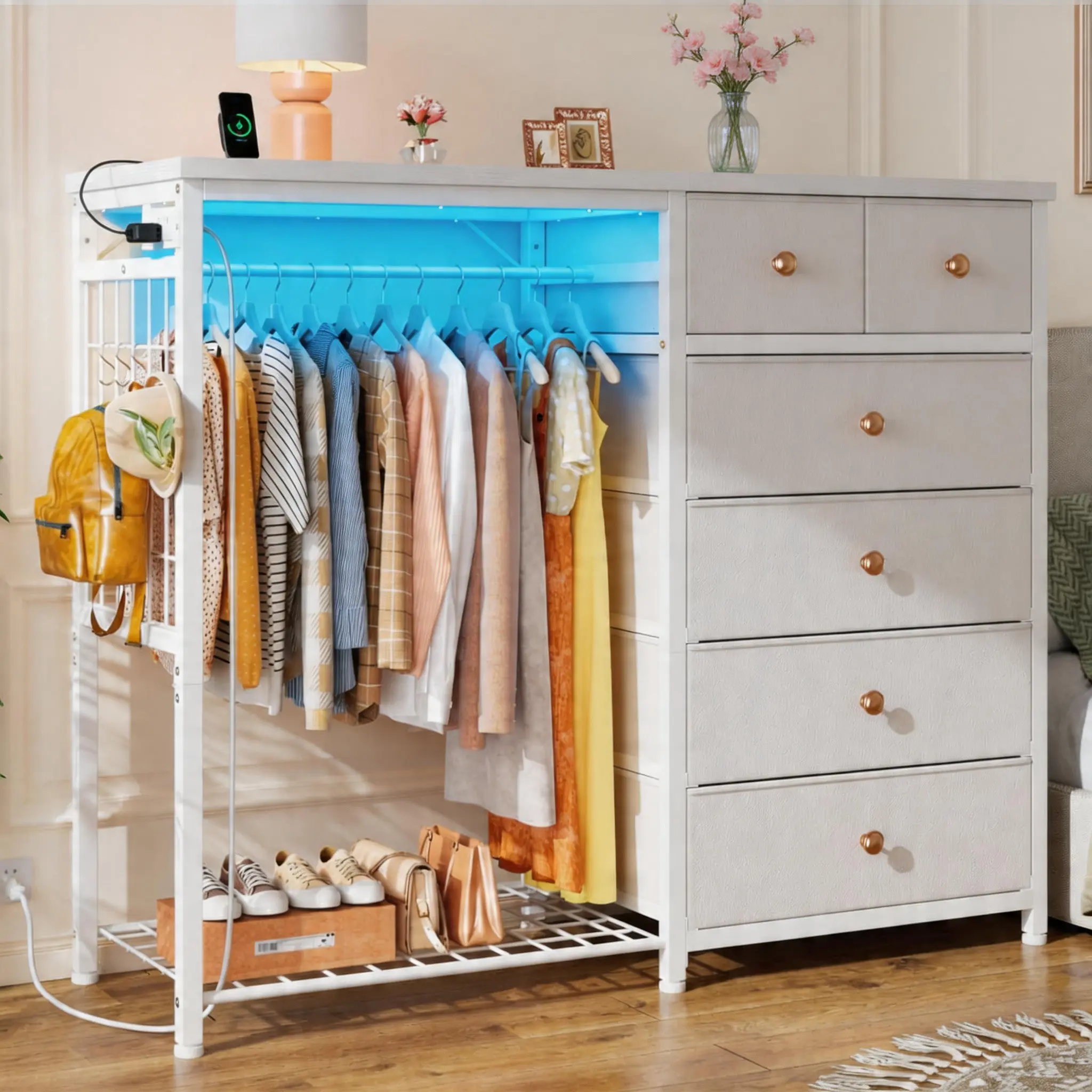 Raybee 49.2" W 6 Drawer Dresser for Bedroom with Hanging Rack, Home Organizer Dresser with LED Lights & Charging Station, Fabric Dressers & Chest of Drawers with Clothes Rack, Wooden Top, Grid Panel, Small Space Storage Unit for Living Room, Closet #TikTo