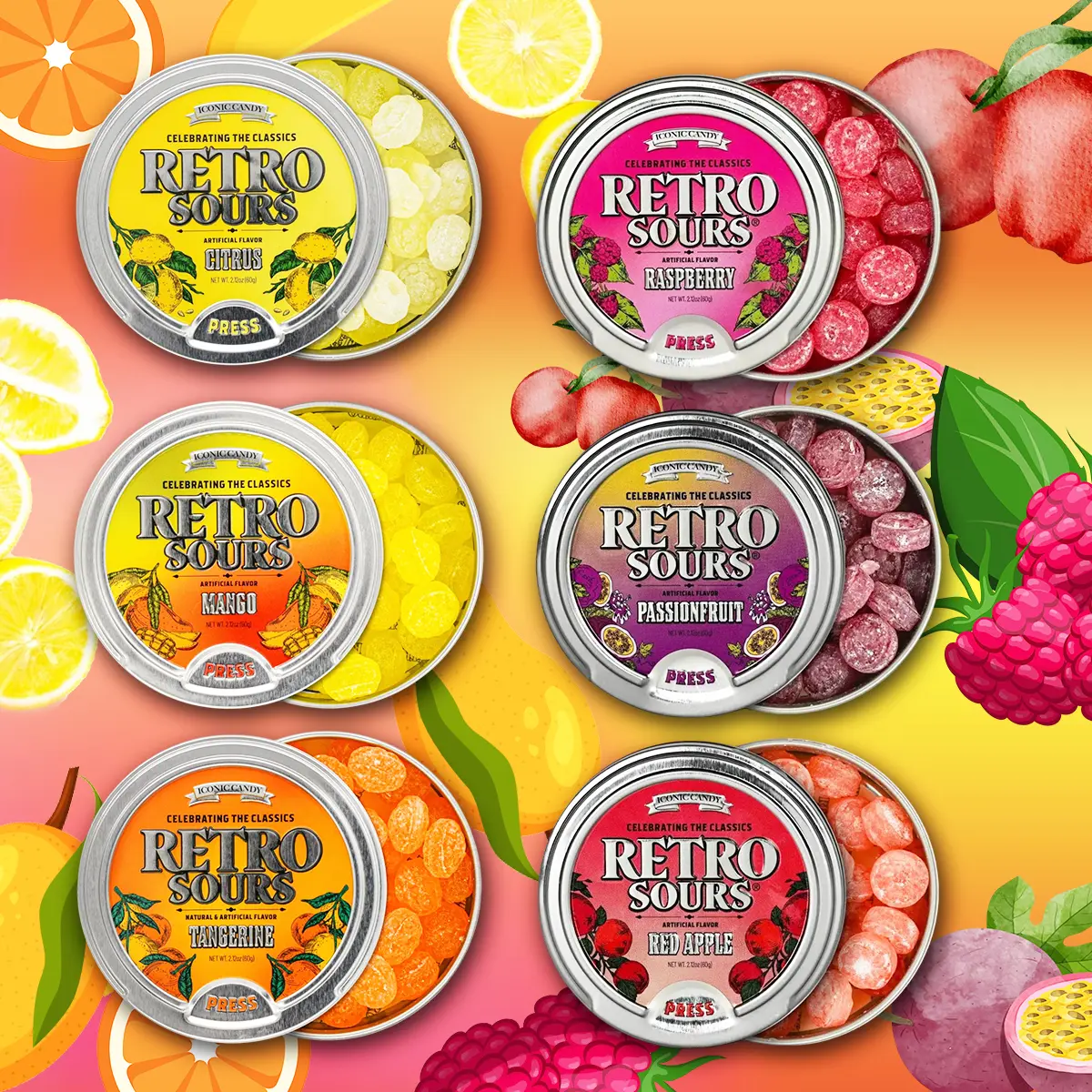 Retro Sour Tins 6 Pack Hard Tangy Candy Tangerine Raspberyy Apple Passionfruit Mango Citrus Flavored Tin Tiktok Candy 6 Pack Each Iconic Candy Snack Sweet Bonbon Sugar