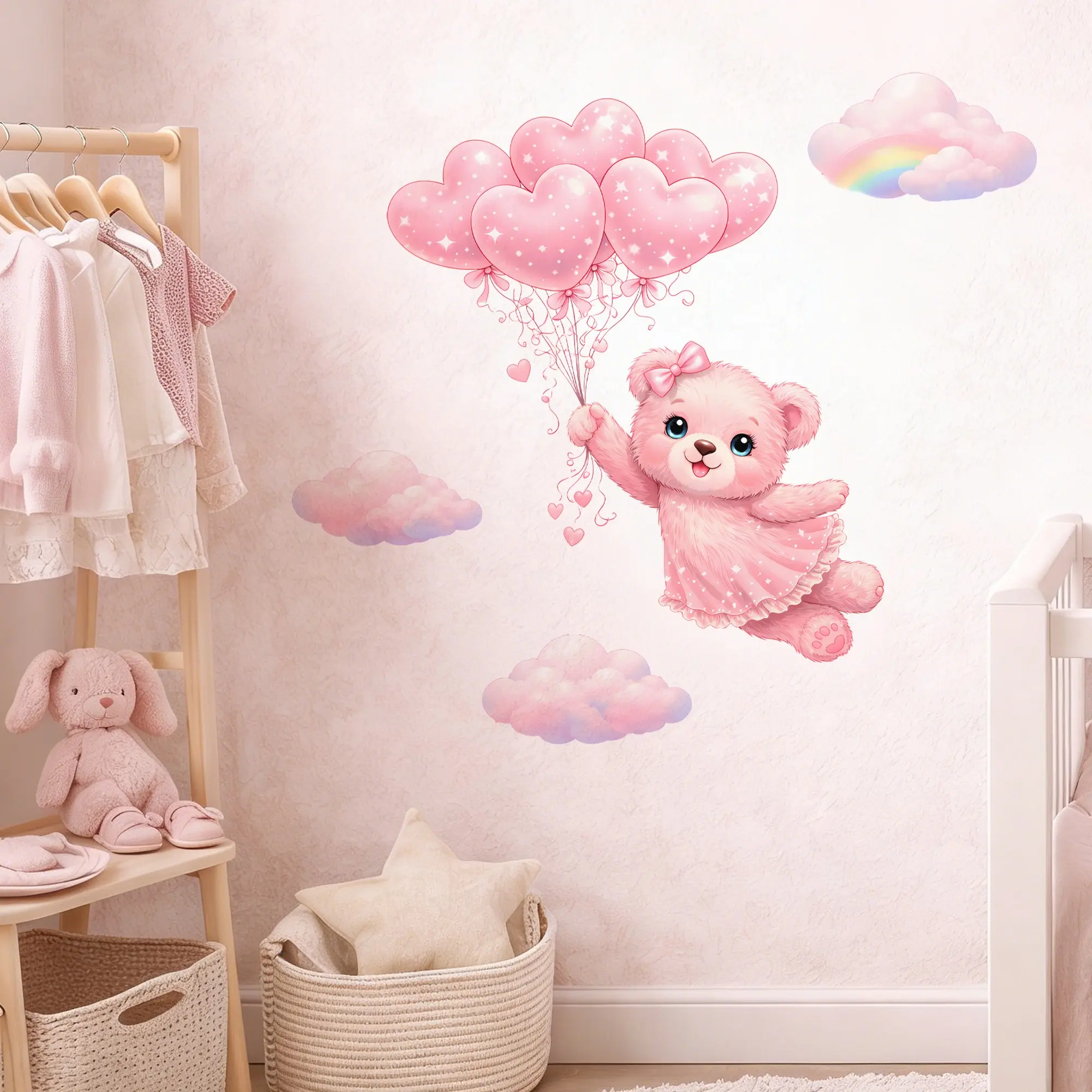 Pink Teddy Bear Wall Decals, Decorative Decal, Interior Stickers, with Heart Balloons Cloud Rainbow Stars, Removable Watercolor Nursery Wall Stickers for Baby Girls Bedroom, Kids Room, Playroom, Living Room Decor, Decoration Items, Waterproof Wall Decal