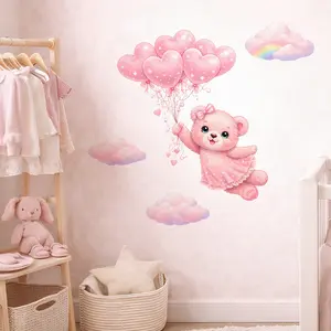 Pink Teddy Bear Wall Decals, Decorative Decal, with Heart Balloons Cloud Rainbow Stars, Removable Watercolor Nursery Wall Stickers for Baby Girls Bedroom, Kids Room, Playroom, Living Room Decor