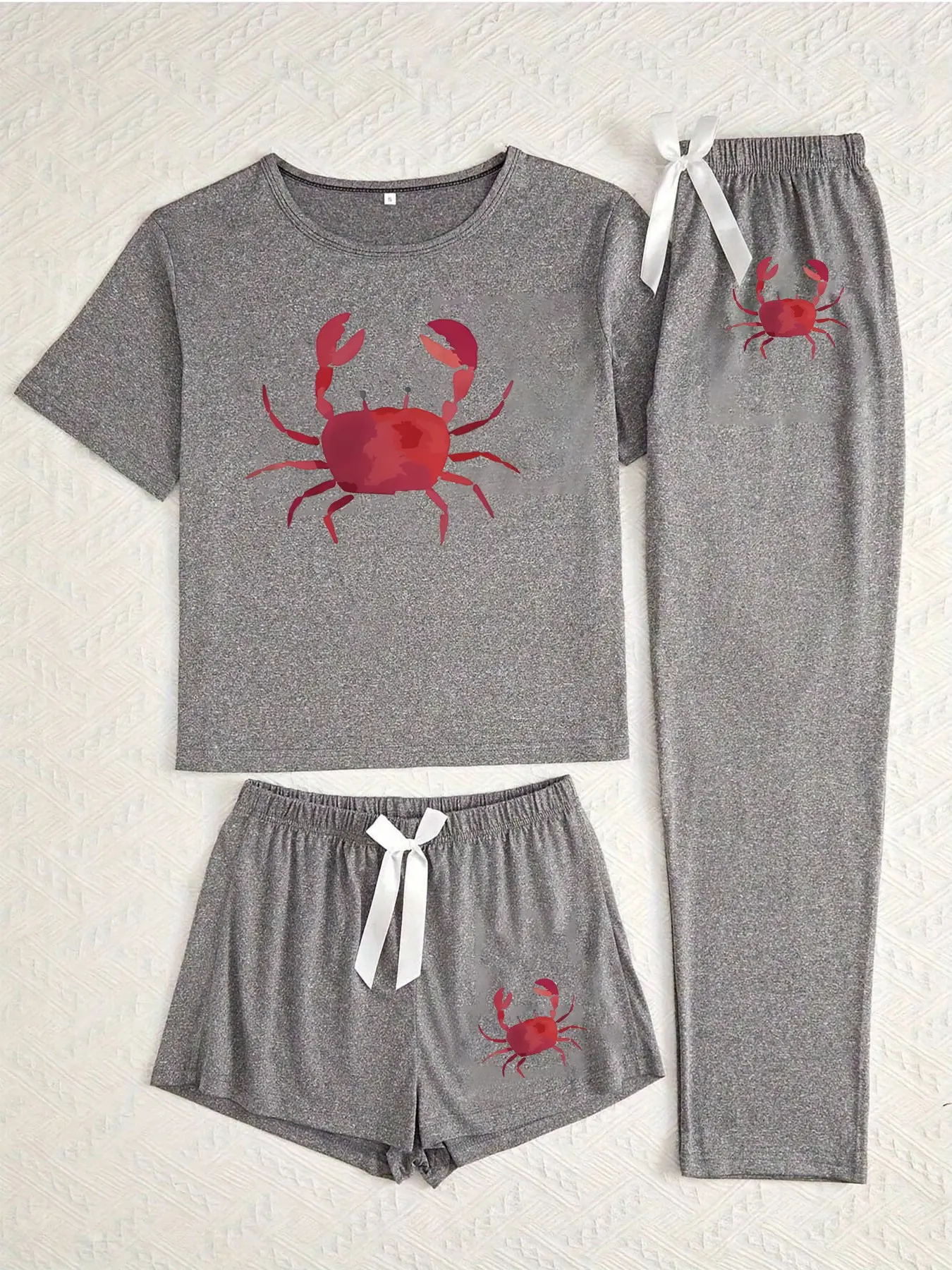 Women's Crab Pattern Three-Piece Home Wear Set, Loose-Fitting Cartoon Pajamas, Casual All-Season Comfortable Loungewear Nightwear