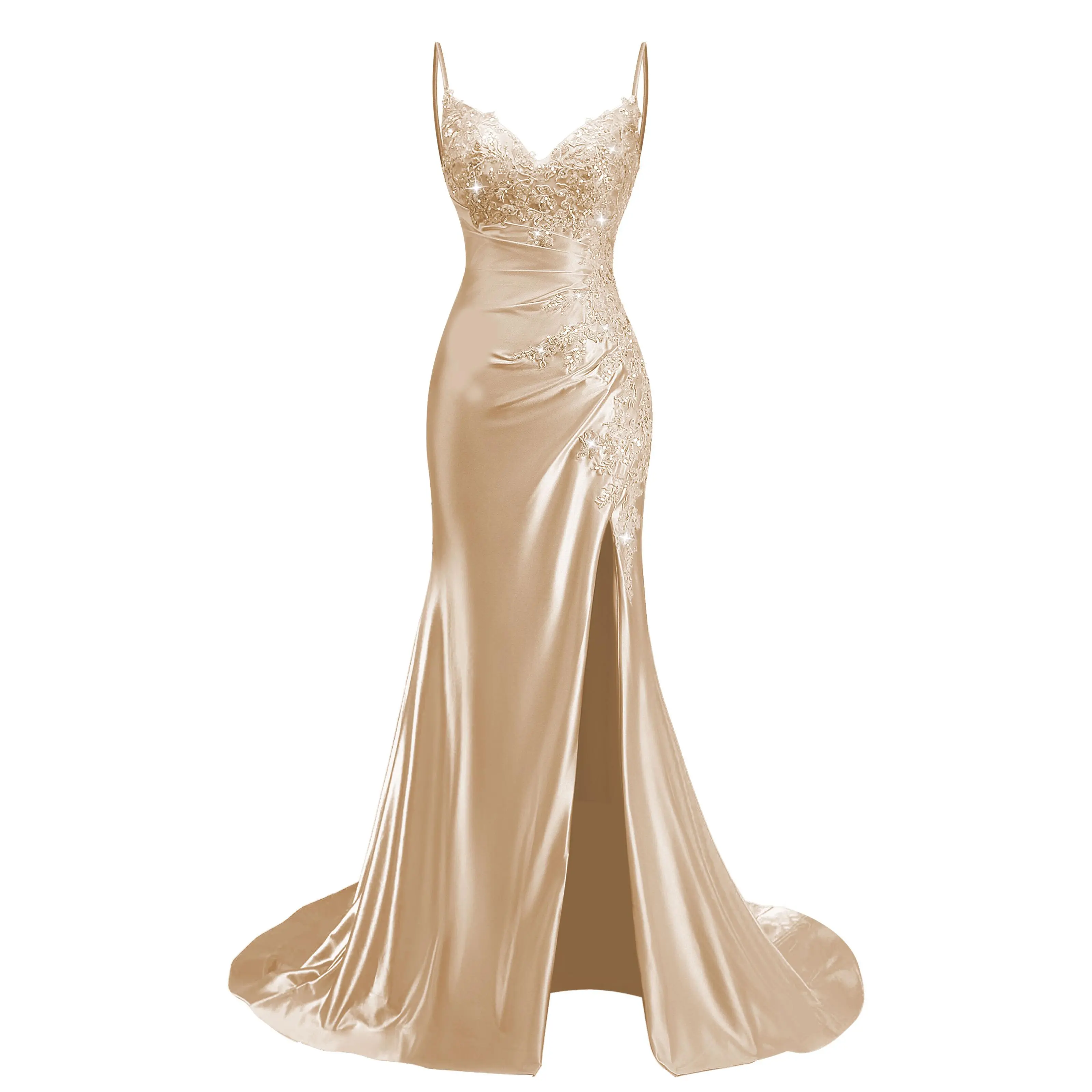 Women's Mermaid Prom Dresses 2026, V-Neck Satin Spaghetti Strap Formal Dress Sparkly Lace Applique Evening Gown with Slit ,Normal Type,Lace up back, Ladies Clothes  for All Seasons