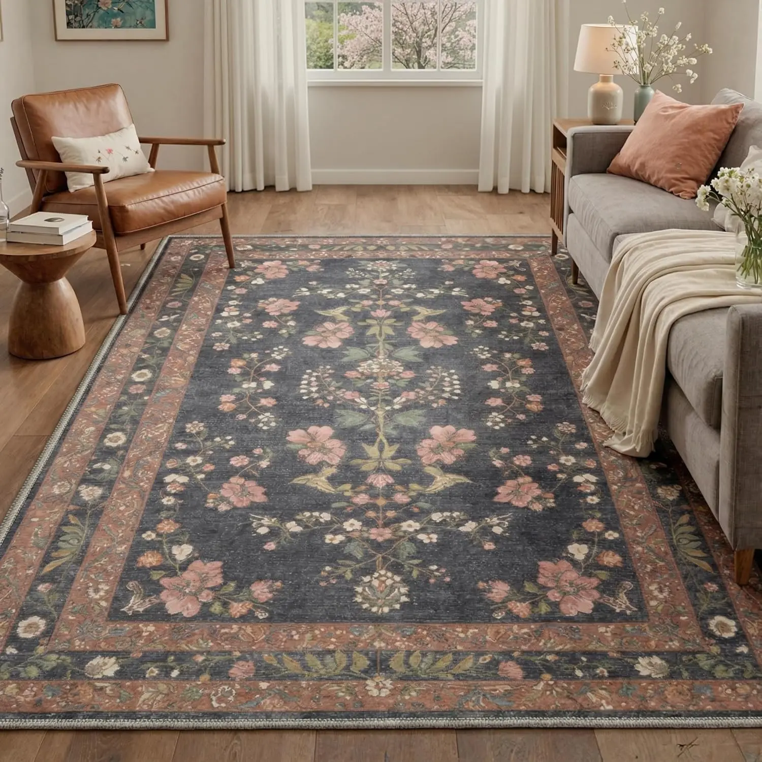 【Deals For You Days】GENIMO 5x7 Area Rugs for Living Room, Machine Washable Non Slip Vintage Rugs, Low Pile Lightweight Chenille Print Rug for Bedroom, Dining Room, Home Office, Dusty Charcoal