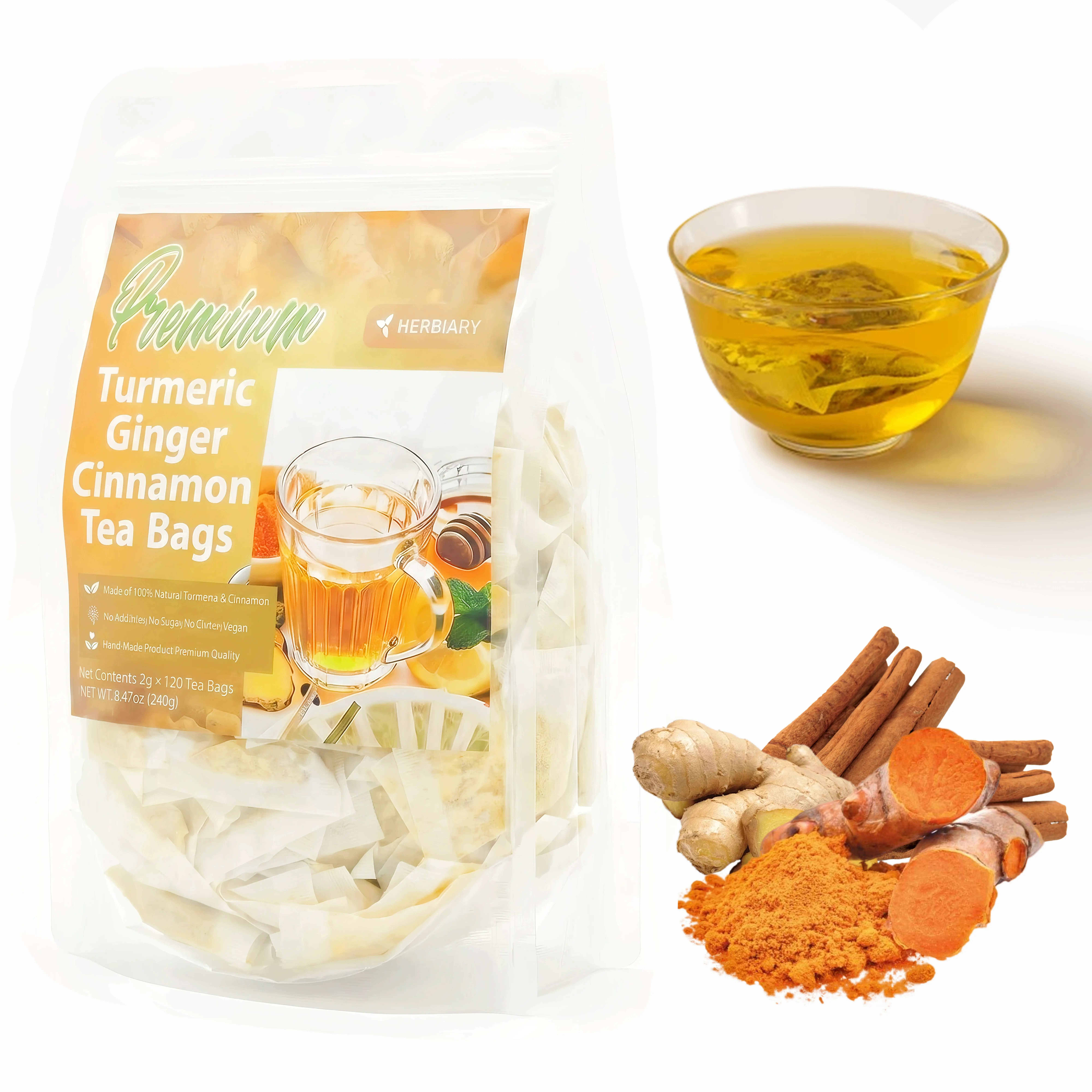 Herbiary Organic Turmeric Ginger Cinnamon Herbal Tea Bags - Organic Tea, 240g (120 Cups), 100% Natural Eco-Friendly, Anti-Inflammatory Digestive Beverage, Keto-Friendly, Sugar-Caffeine-Gluten-Free, Vegan Remedy