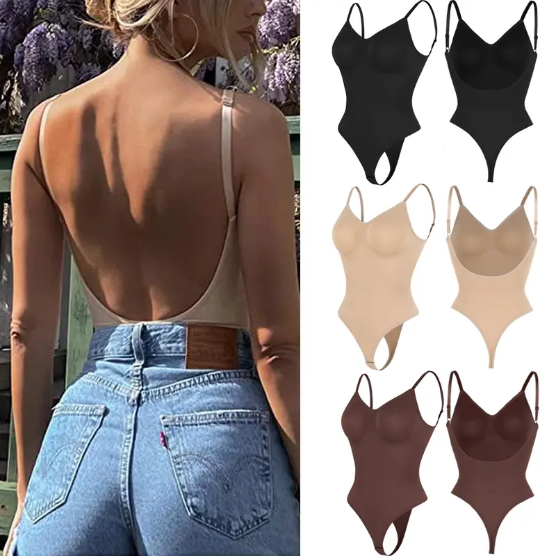 Women's Solid Ribbed Backless V-Neck Shapewear Bodysuit,  Tummy Control Butt Lifting Low Back Body Shaper For Daily Wear All Seasons, Comfortable Farbic Womenswear Casual Tops Basic Minimalist women's clothing