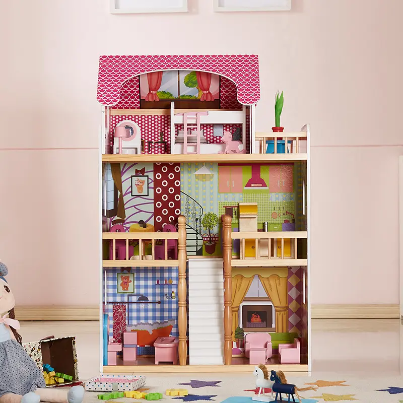 DOMISO 4-Tiers Doll House Playset with Exquisite Accessories, Wooden Dollhouse as A Gift, DIY Pretend Doll House with Furniture Accessories