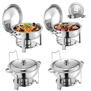 VEVOR 4-Pack 5 Qt Stainless Steel Chafing Dish Buffet Set, Bakeware, Full Size Pans, Round Catering Warmer Server with Lid, Water Pan, Folding Stand, Clip, for Weddings, Parties, Silver Sturdy Father's Day Gift