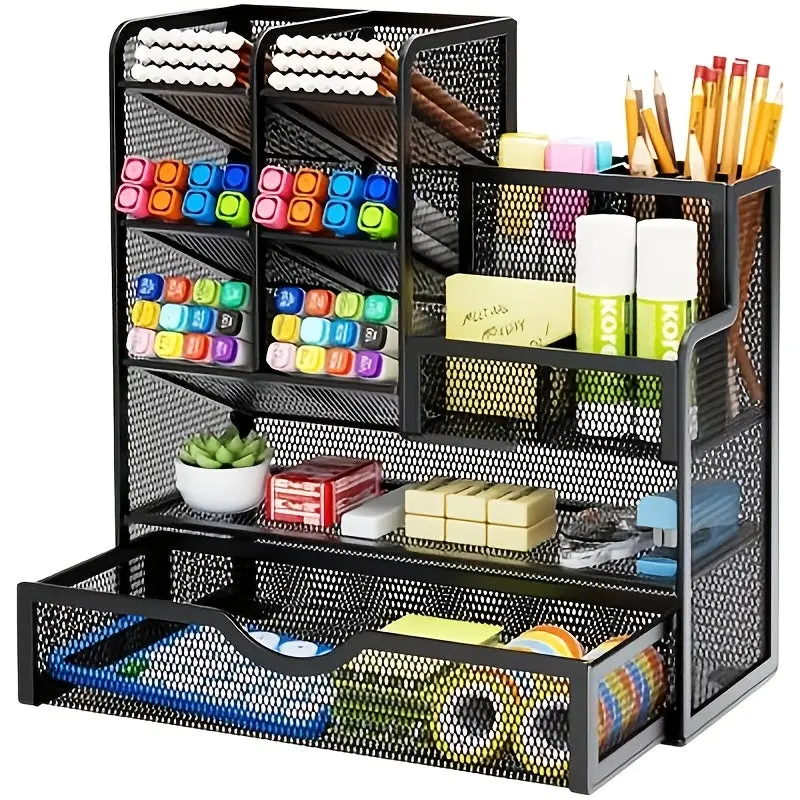 Iron Mesh Desk Organizer Multi-Layer Stationery Storage Box Office School Supplies