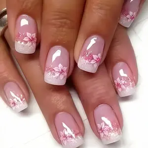 Upgrade your look with 24pcs of short European square pink flower gradient design fingernails with jelly glue 1 nail file 1