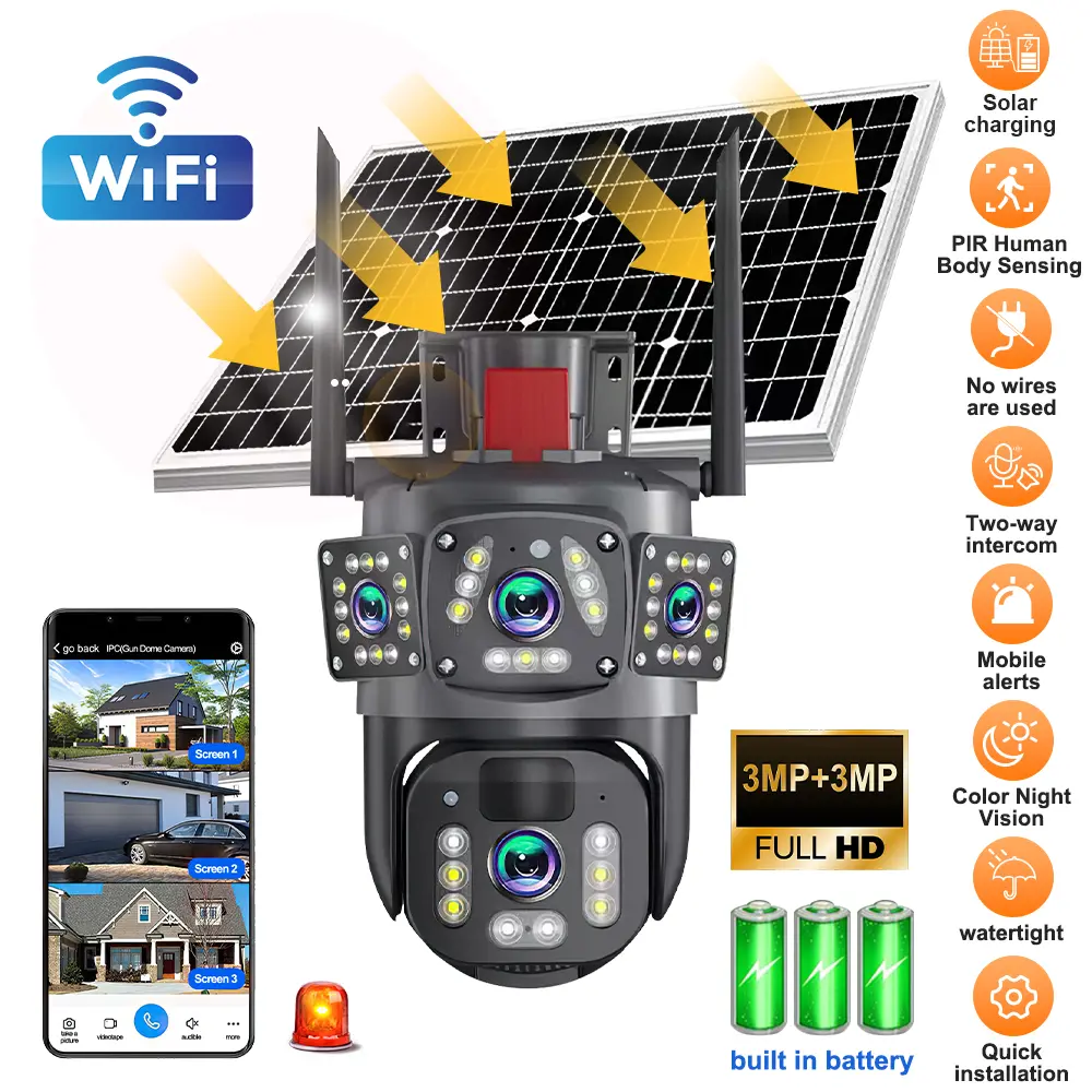 Wireless Outdoor Security Camera 3‑Lens 3+3MP 10X Zoom 355° PTZ WiFi Surveillance Camera Full‑Color Night Vision AI Auto‑Tracking Two‑Way Audio Sound Light Alarm IP66 Waterproof