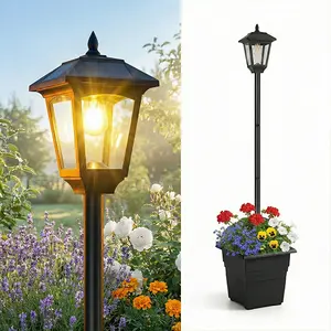2-in-1 Outdoor Solar Light & Flower Pot, IP44 Waterproof Post Lights Lamp Lantern for Patio Deck Door Pathway Backyard Garden Front Porch Decor, Auto-Light, Wall Mount or Freestanding, Easter Gifts Easter Basket Stuffers
