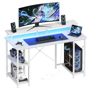 48 inch Gaming Desk with LED Lights & Power Outlets, Computer Desk with Monitor Stand & Storage Shelves, CPU Stand, Home Office Desk