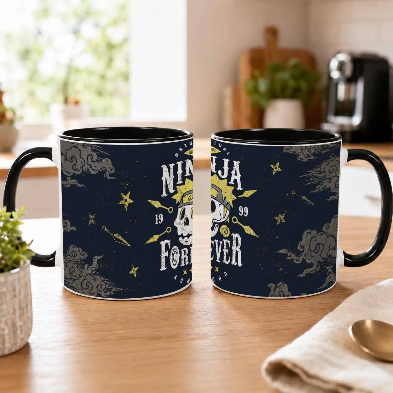 Ninja Skull Artwork Mug 15oz  Retro Grunge Kunai and Shuriken Print Design  Durable Ceramic  Dishwasher Safe  Great for Office  Home Decor  Coffee Lover Gift  Birthday  Holiday  Friendship  Collectible Use
