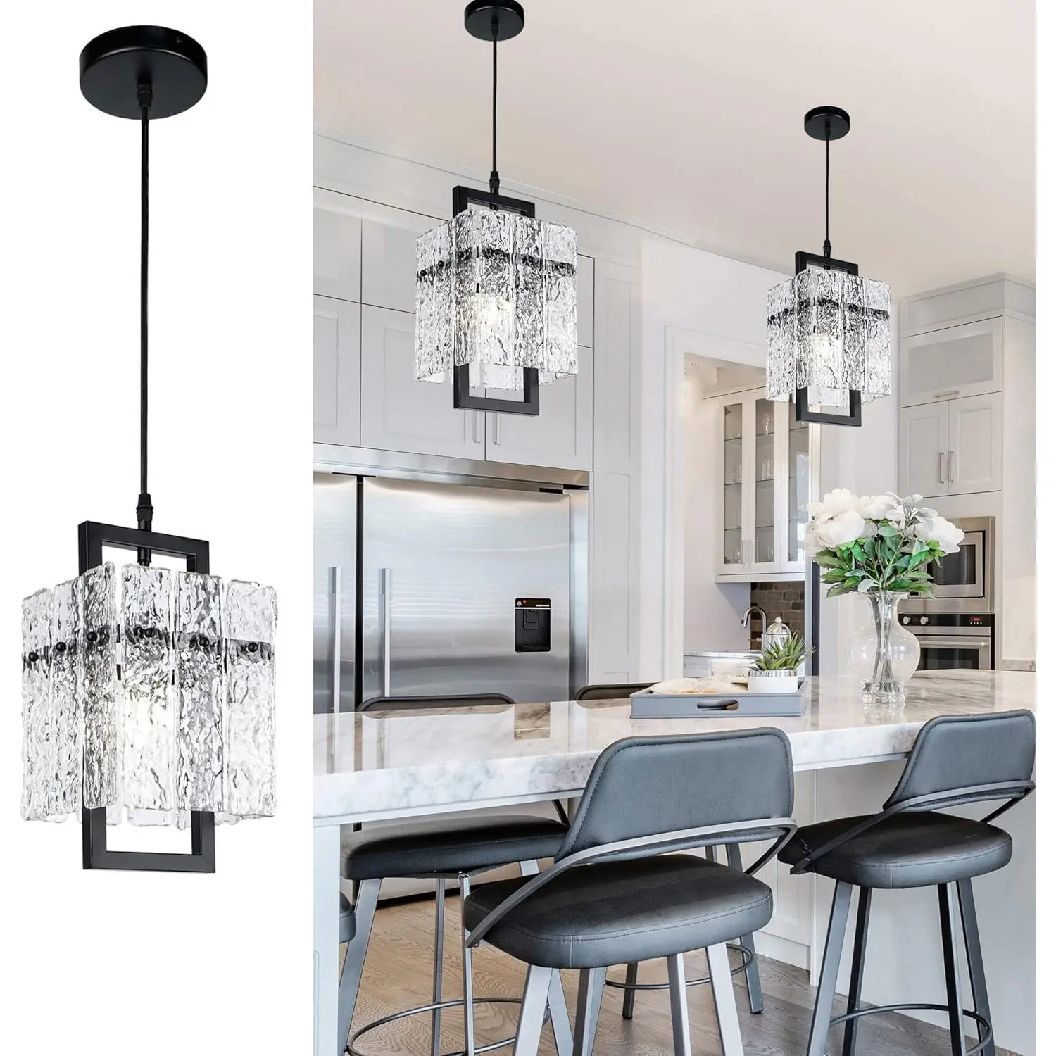 Black Crystal Pendant Light - Luxury Water Ripple Glass Chandelier, E12 Bulb, Adjustable Home Improvement Indoor Lighting, 6.5in L x 11.8in H x 20in D Black, Crystal Decoration & Modern Style Ceiling Light for Kitchen Island, Dining Room, Crystal Decorati