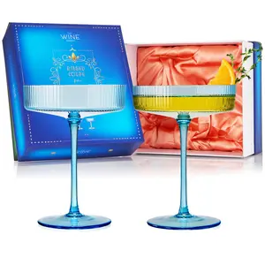 Vintage Art Deco Coupe Glasses, Martini, Champagne & Cocktail Ribbed Glass 7 oz | Set of 2 | Crystal, Manhattan, Cosmopolitan, Sidecar Cocktail Glassware for Champagne , Ripple Glassware - Gift Box
