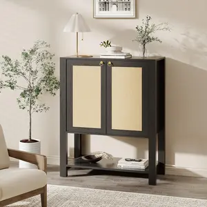 Rattan Shoe Storage Cabinet, Farmhouse Rattan Entryway Shoe Cabinet – 40-Inch Tall, Wooden Shoe Rack Organizer with Adjustable Shelves and Open Shelf for Hallway or Living Room, Wood Design, Dark Oak