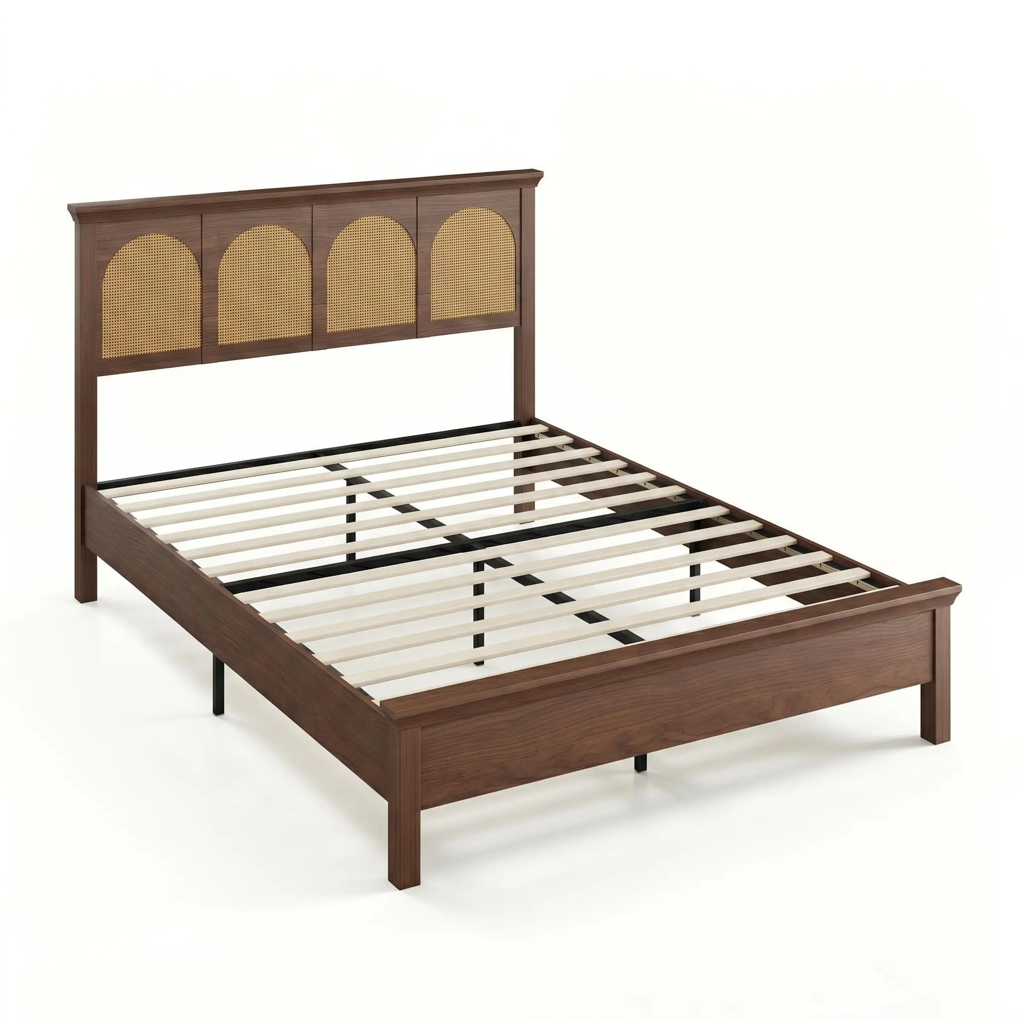 Queen Boho Rattan Bed Frame with Wooden Platform & Natural Rattan Headboard