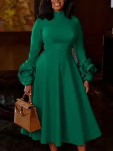 Elegant Chic Women's Church Formal Dress, 3D Flower Sleeves, A-Line Silhouette, Stand Collar, Long Sleeve Midi, Perfect for Weddings and Parties, Elegance