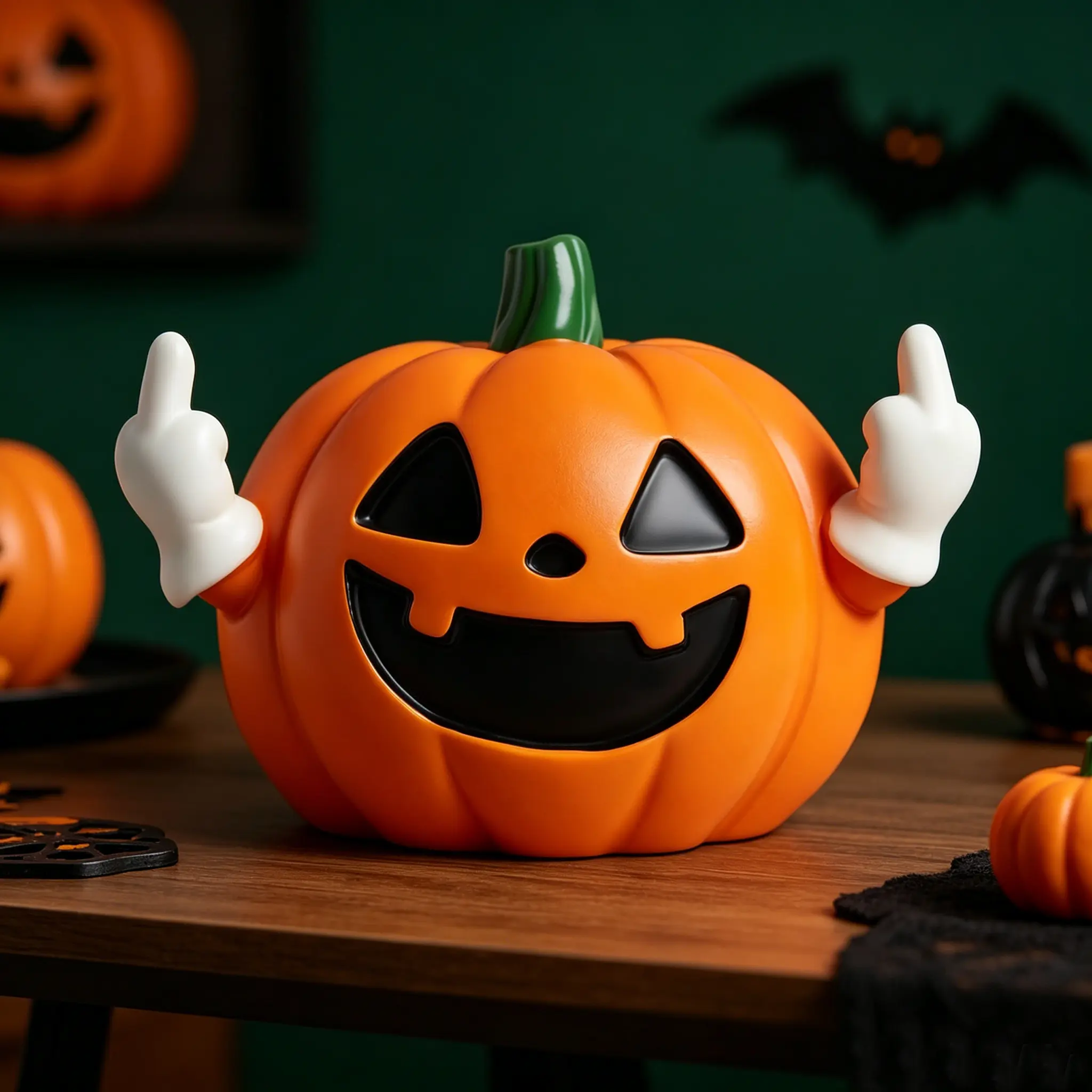 Halloween Middle Finger Pumpkin Decoration - Orange Mini LED Desk Ornament with Funny Design, Adds Humor, Decorative for Fall, Celebrates Seasons, Bookshelf Home Accent