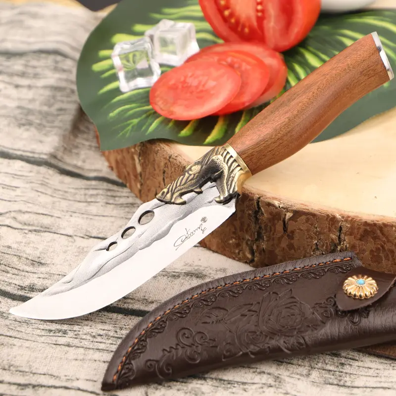 Longquan Forged Chef's Knife for Home Kitchen Use, Stainless Steel Blade, Red Lacquered Wood Handle, Sharp Cutting Tool with Knife Sleeve