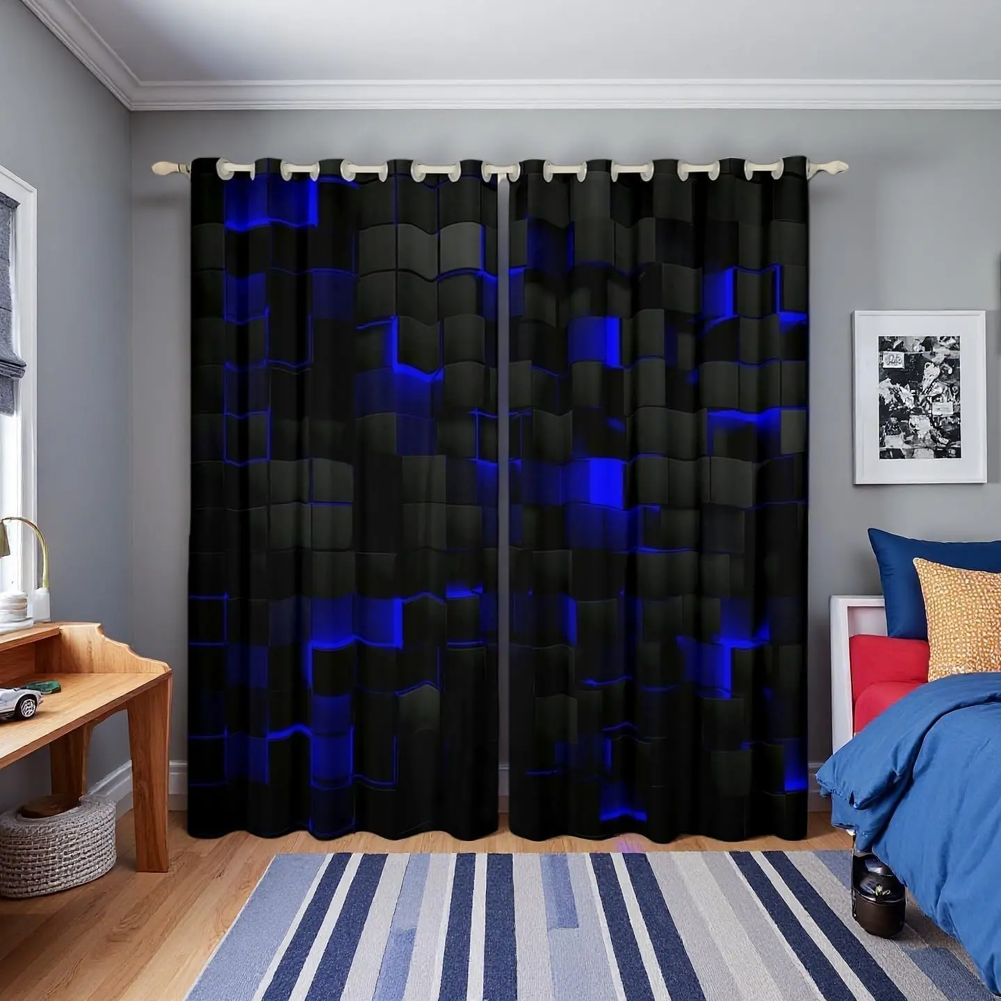 Feelyou 50% Blackout Grommet Curtains - All-Over Print Bright-Colored Blue Accents Geometric Drapes, Blackout Privacy Grommet Curtains for Bedroom & Men’s Gamer Room Decor, All-Over Print Curtains