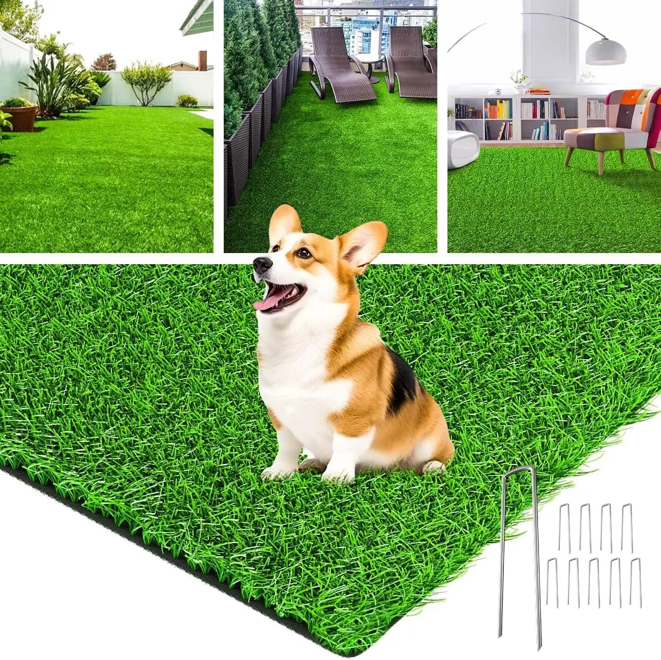 Realistic Artificial Grass Rug Indoor Outdoor,  Grass Mat with Drainage Holes and Replacement Artificial Grass Turf,  Grass for Garden Lawn Landscape Balcony Decoration, 3  x 5