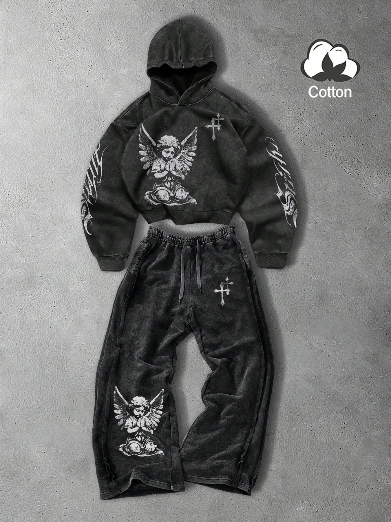 Unisex style, spring and autumn, trendy, Sporty, Graphic, Casual Fashion Set, Hoodie Pants Set, Jogging Set, cotton-containing hooded sweatshirt and jogger pants set, Prayer angel pattern print, Suitable for streetwear, American retro styles, Y2K