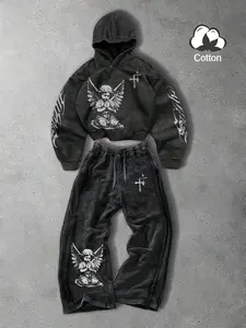 Unisex style, spring and autumn, trendy, Sporty, Graphic, Casual Fashion Set, cotton-containing hooded sweatshirt and jogger pants set, Prayer angel pattern print, Suitable for streetwear, American retro styles, Y2K