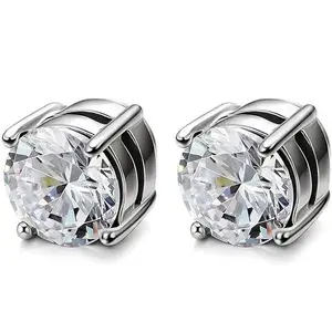 Magnetic Earrings for Men Women Shiny Round Cubic Zirconia Stud Earrings for Non-Pierced Ears Hypoallergenic Stainless Steel Fake Earrings Not Easy to Fall off