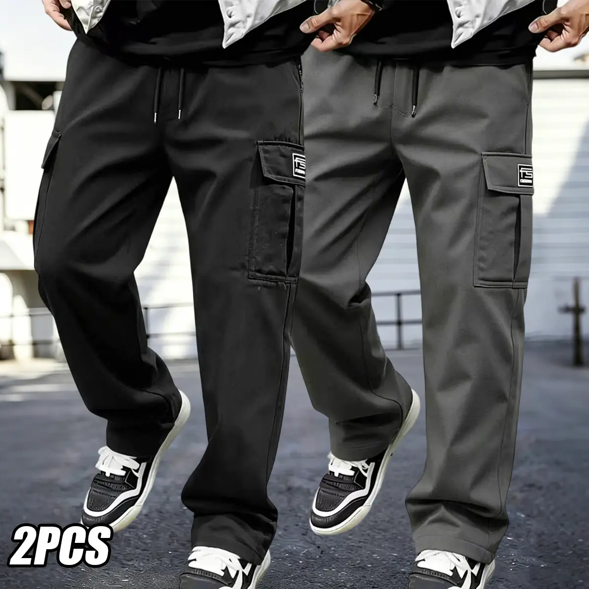 Men's Workwear 2-Piece Set, Chic Solid Color Outfit with Loose Fit Cargo Pants and Multiple Pockets for All-Season Outdoor Style, Workwear Style Men's Pants, Fitted, Light Fitted Men's Pants