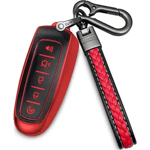 for ford key fob cover with metal/leather keychain,TPU 5 Buttons Key case,compatible with C-Max Edge Escape Expedition Explorer Flex Focus Taurus Remote smart Key,keychain red