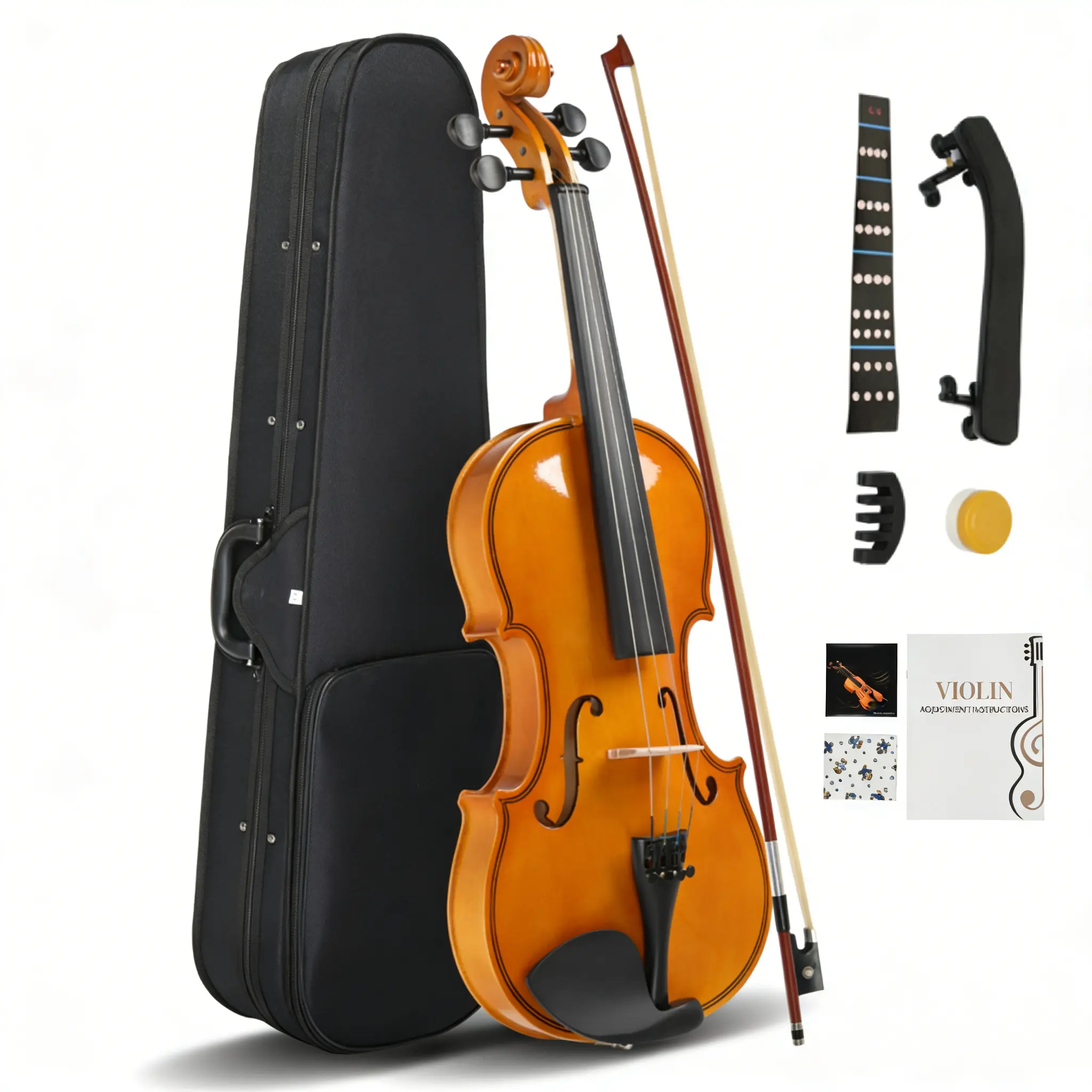 4/4 Full Size Hand-Carved Basswood Acoustic Violin Complete Kit for Adult Beginners - Natural Finish, Hard Case, Bow, Violin Rosin, Shoulder Rest, Extra Accessories