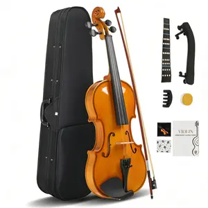 4/4 Full Size Hand-Carved 4/4-Basswood Acoustic Violin Complete Comprehensive Kit Contents for Adult Beginners - Natural Finish, Hard Case, Bows, Violin Rosin, Shoulder Rest, Extra Accessories