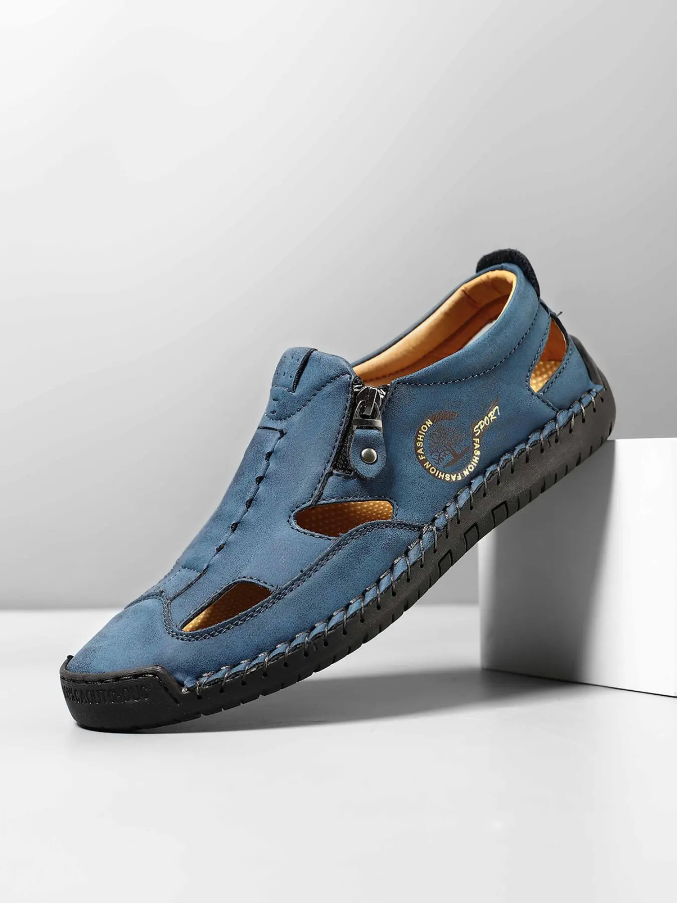 Men's Handmade Beach Sandals, Summer Breathable Sports Shoes, Outdoor Hollow Side Zipper Design, Comfortable Walking Shoes