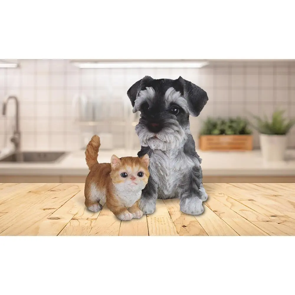 7"W Lovely Schnauzer Puppy and Orange Tabby Kitty Cat Figurine