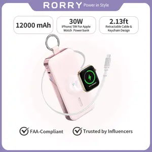 RORRY 12000mAh Power Bank 30W Fast Charging with Built-in Retractable USB C Cable  for  iPhone 17-12 Apple Watch Series iPad Pro Galaxy Android Portable Charger Perfect Gift High Capacity Battery