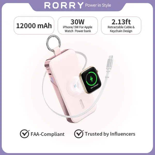 RORRY 12000mAh 30W Power Bank with Built-In Retractable USB-C Cable LED Display Fast Portable Charger for iPhone 12-17 Apple Watch Galaxy Android Devices backtoschool,back to school,back to school haul