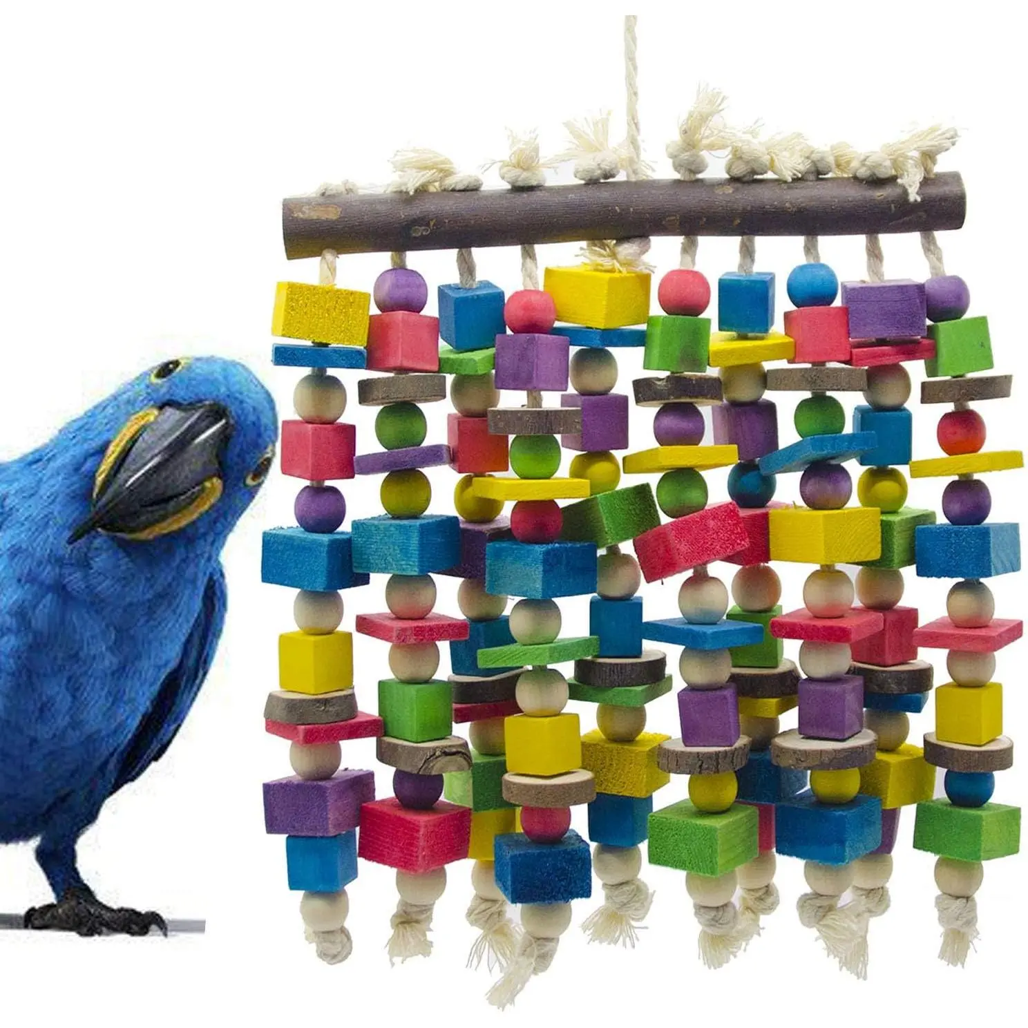 Large Bird Parrot Chewing Toy - Multi-colored natural wood block bird and parrot chewing toy, recommended for large macaws, cockatoos, African grey parrots, and various Amazon parrots (15.7" X 9.8")