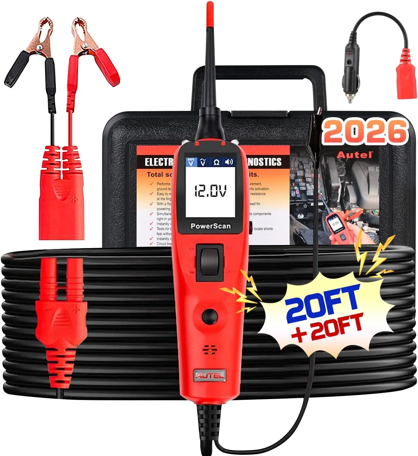 PowerScan Automotive Circuit Tester, 12-24V Power Circuit Probe Tool | 2.0 Electrical Short Open Breaker Finder, AC/DC Voltage Current Resistance Detection, Trailer Light Test, 20FT Extension Cord