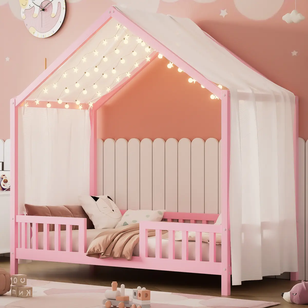 Twin Size House Bed Frame, Low Profile Bed Twin with High Railings, Wood House Shape Beds with Canopy & Roof for bedroom, Pink