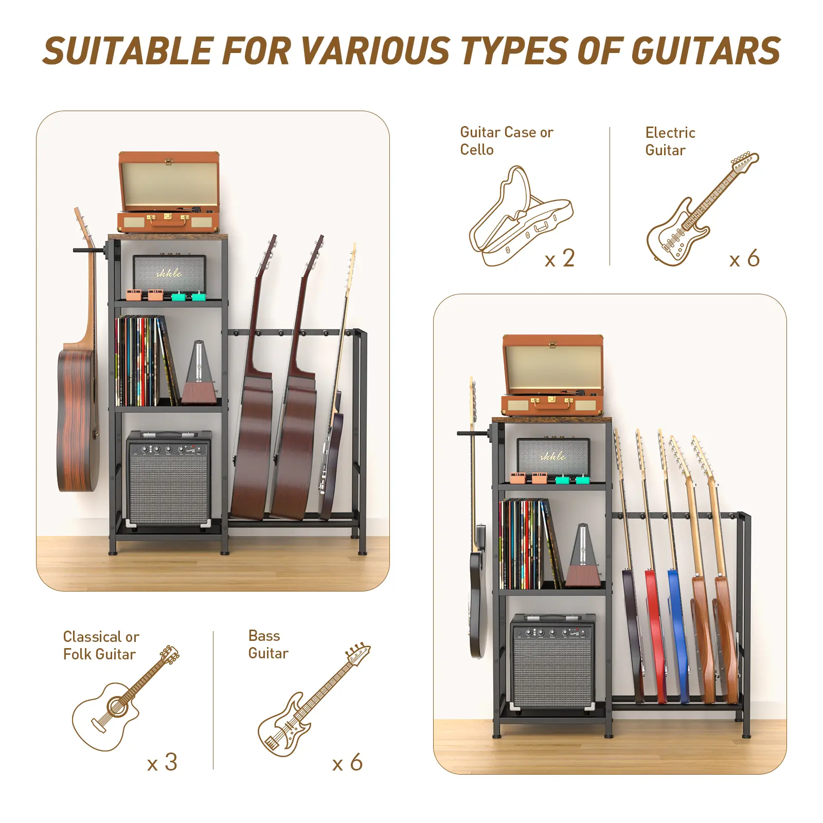 Guitar Rack Organizer for 5 Guitars with Record Player Stand, Multi-Tier Guitar Storage Stand with Vinyl Record Storage Shelf, Metal Guitar Holder for Acoustic, Electric & Bass Guitars