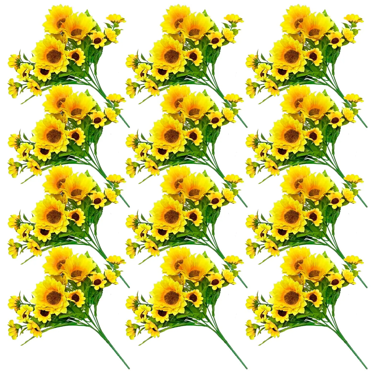 12 Pack Artificial Sunflower Bouquet Stems, Vibrant Faux Decorative Flowers, Fake Flowers, Wedding Home Kitchen Table Birthday Decor, Includes 4 Large & 9 Small Sunflowers